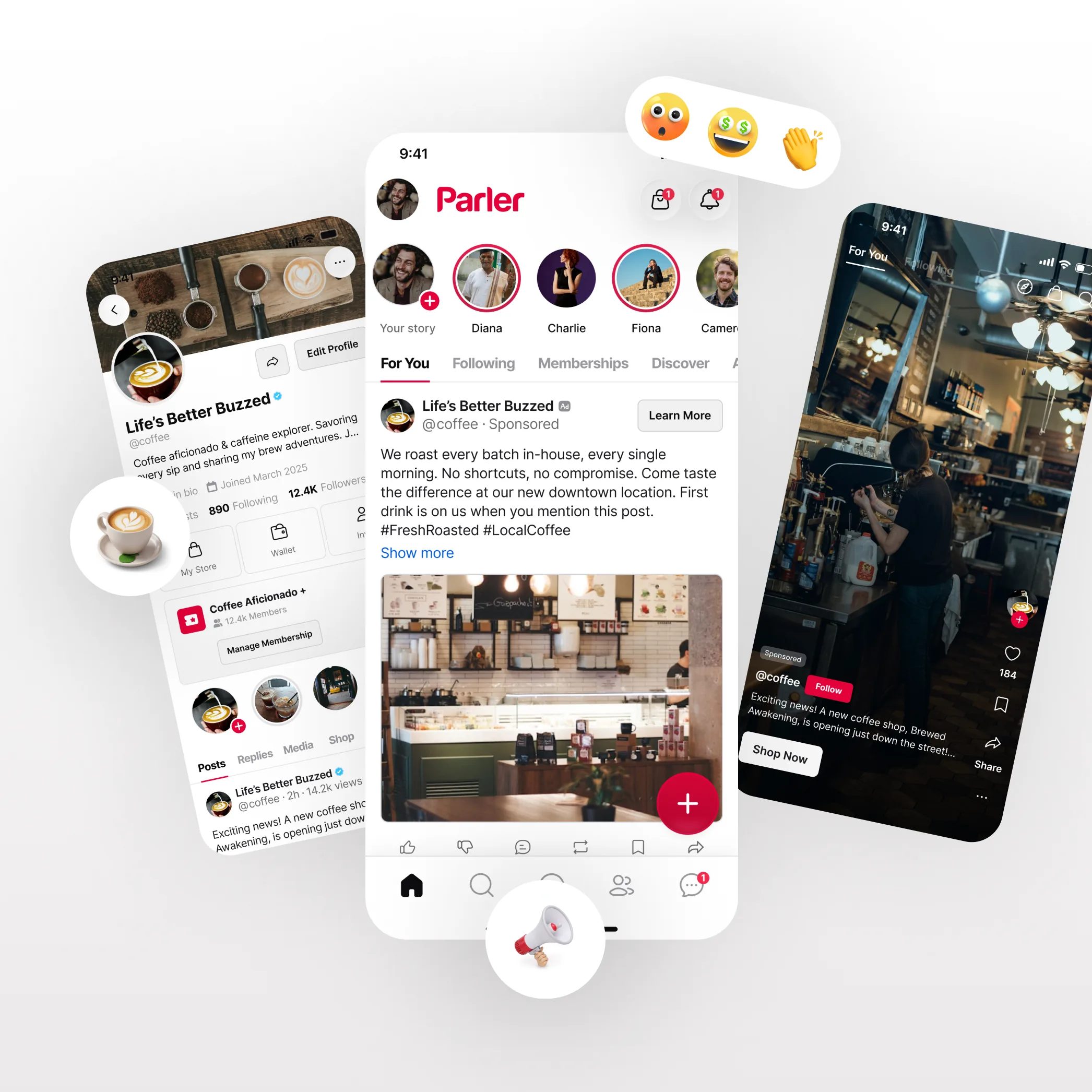 Three phone screens: an advertiser's profile with storefront, a sponsored post in the Parler feed with a Learn More button, and a sponsored vertical video with a Shop Now button