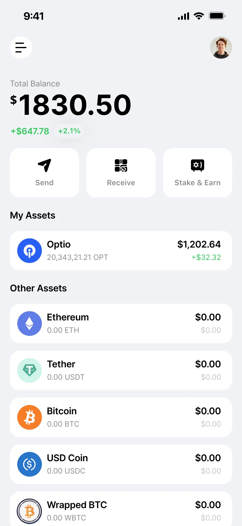 The shipped Pay home screen: balance, the actions people came for, and an asset list that reads like a finance app