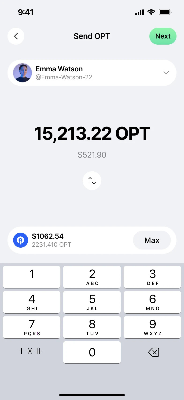 The shipped Pay send screen: a recipient with an avatar and handle, an amount that switches between tokens and dollars, and a Max control on the balance row