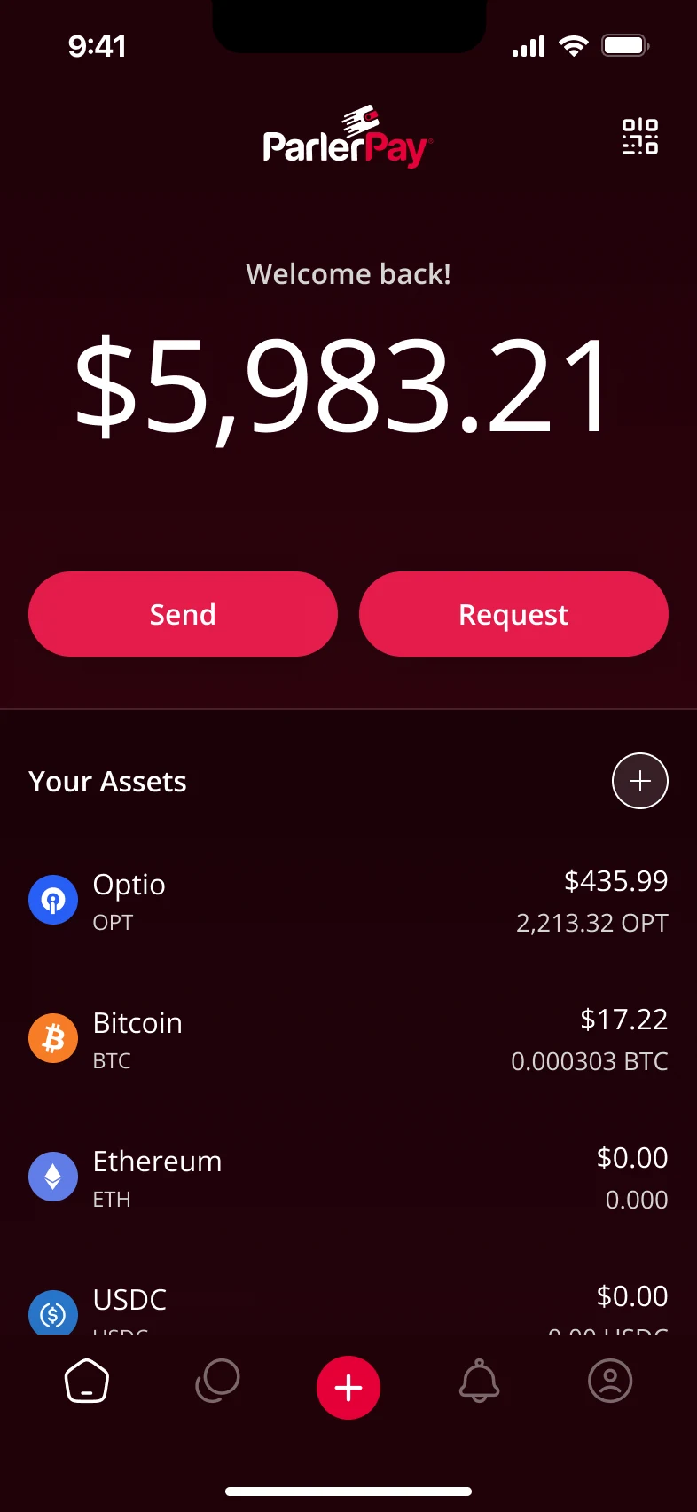 The killed Pay home screen: a dark surface with a total balance, Send and Request buttons, and a token-by-token asset list