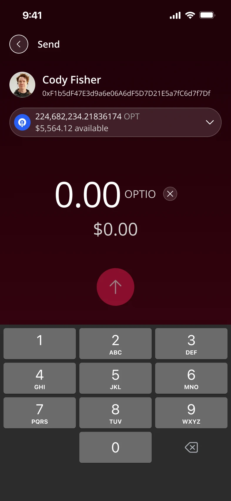 The killed Pay send screen: the recipient's full hex wallet address under their name, and a raw token balance in the asset selector