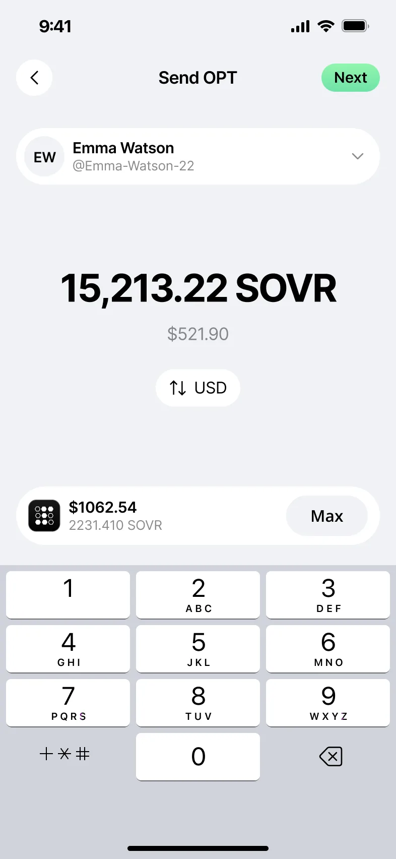 Pay send: choose a recipient and an amount