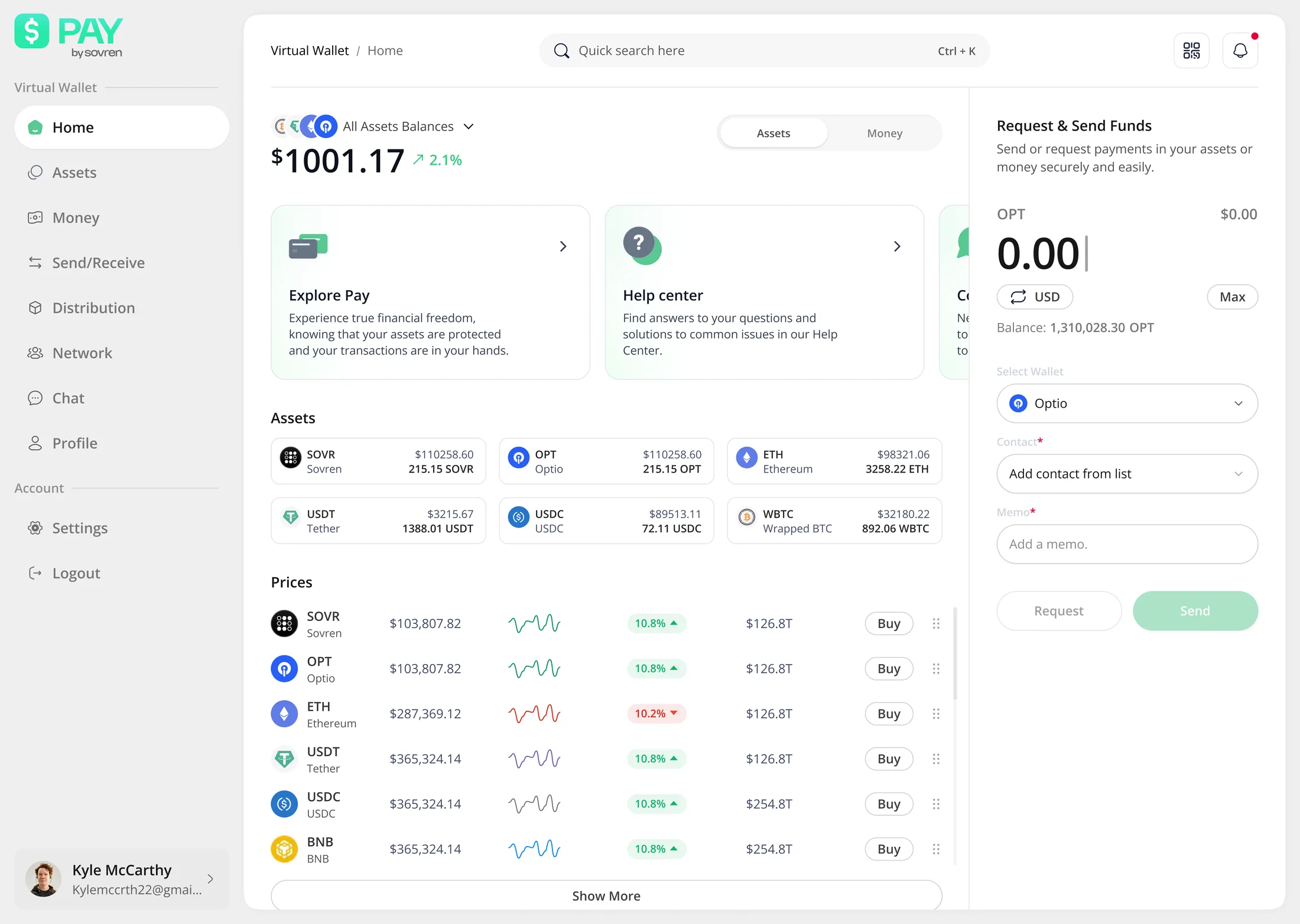 Web wallet home: balances, assets, prices and a persistent send-and-request rail
