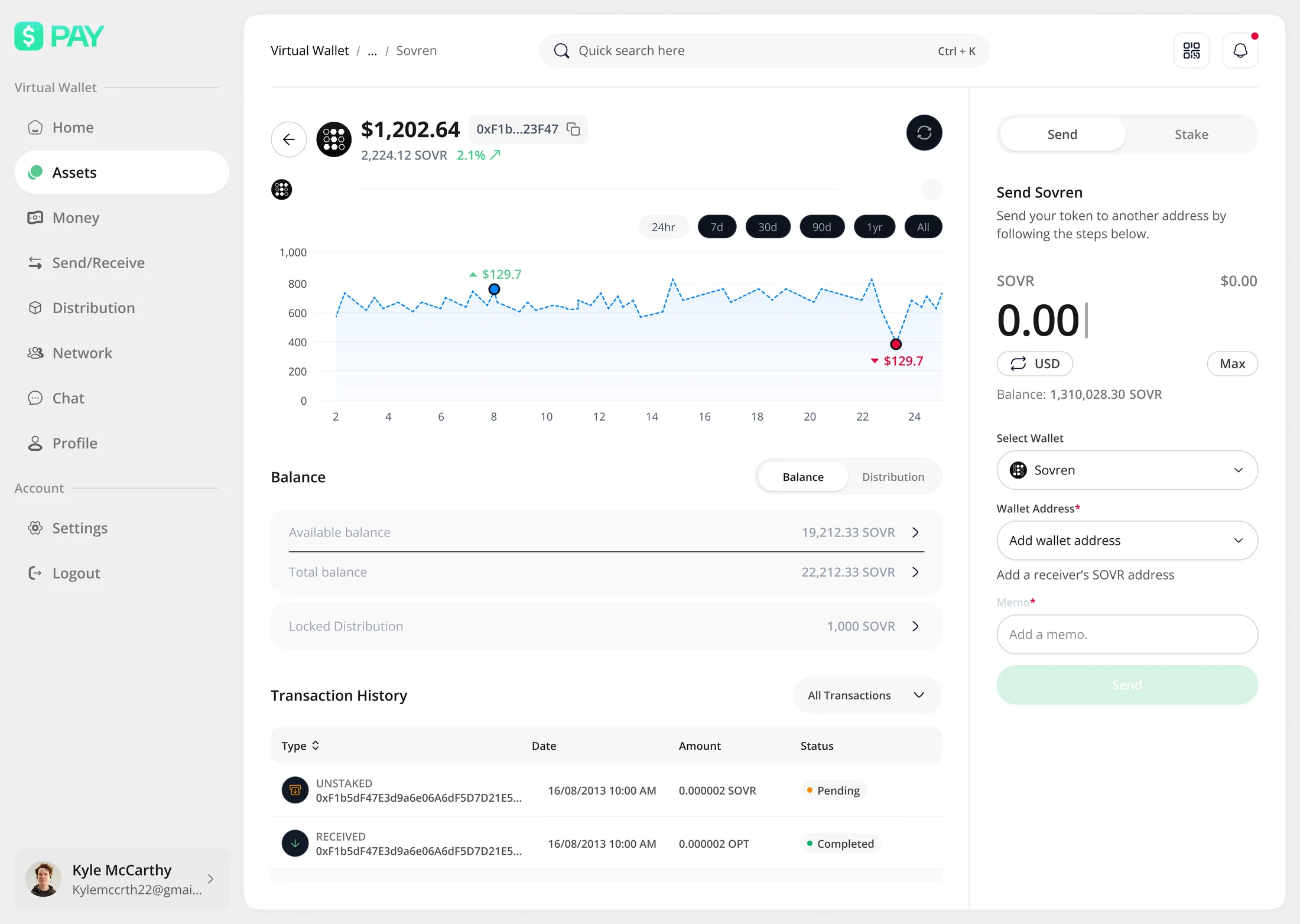 Web asset detail: price chart with range selector and high/low markers, available, total and locked balances, transaction history with hashes and status, and a docked Send / Stake panel taking a wallet address and memo