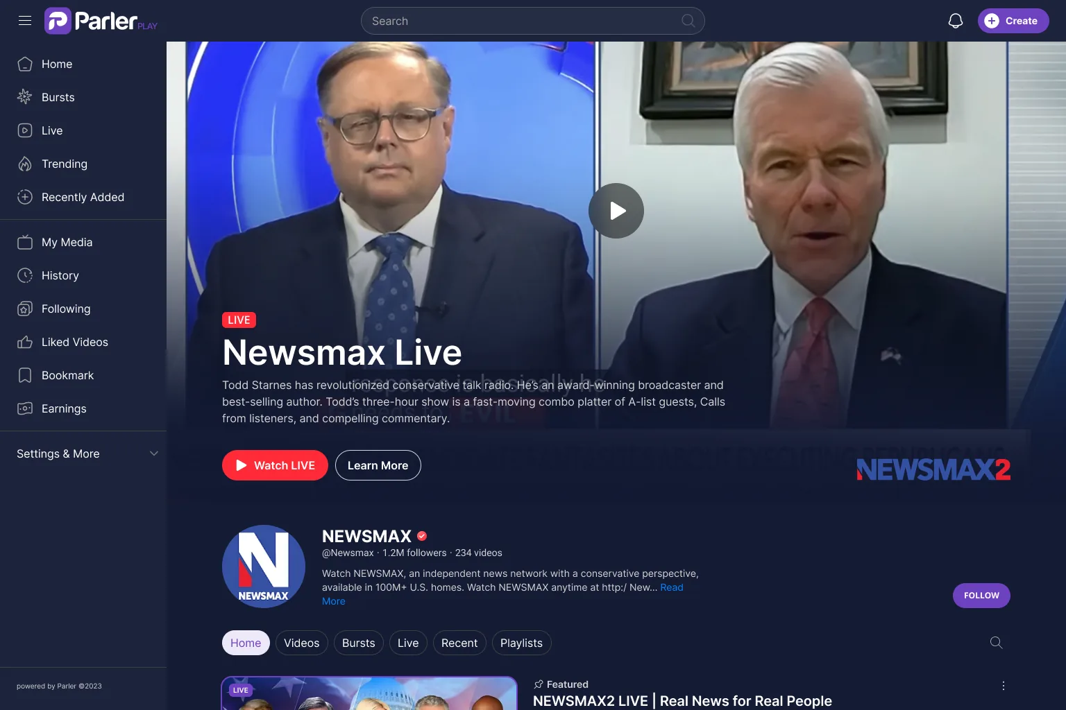 A channel page on the web: a live broadcast playing, with Home, Videos, Bursts, Live and Playlists tabs and a featured rail below