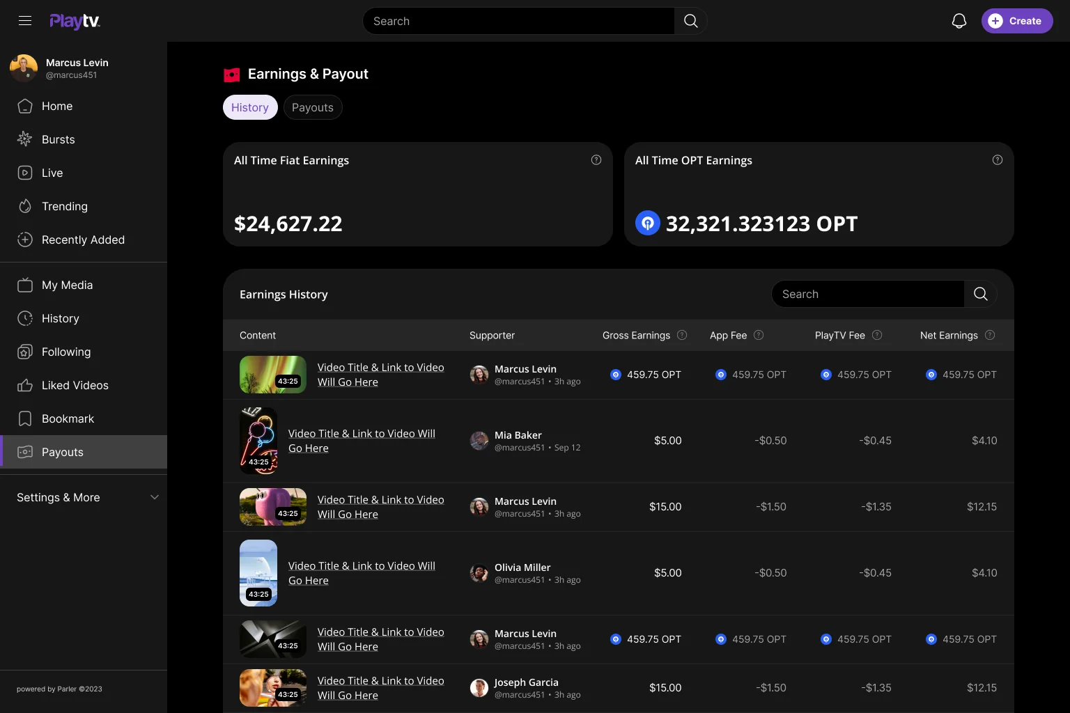 Earnings and payout page: all-time fiat and token earnings, and a history table itemizing each video's gross, fees and net