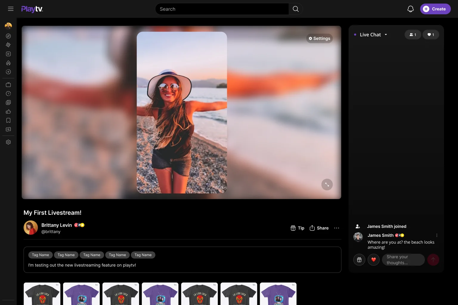 Play livestream on the web: video, live chat rail, tip and share actions, and a merch shelf under the player