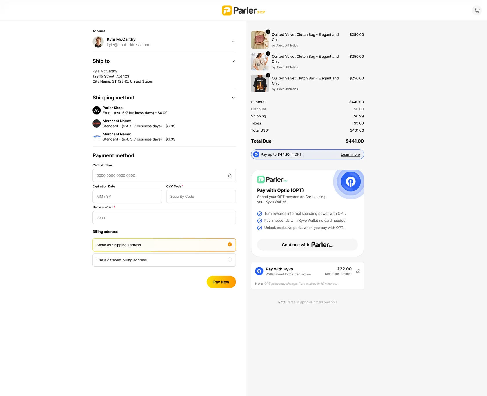 Shop checkout, paying with crypto through Pay